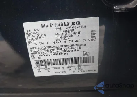 2024 Ford Explorer Xlt z USA, uszkodzony, nr VIN 1FMSK8DH2RGA31669